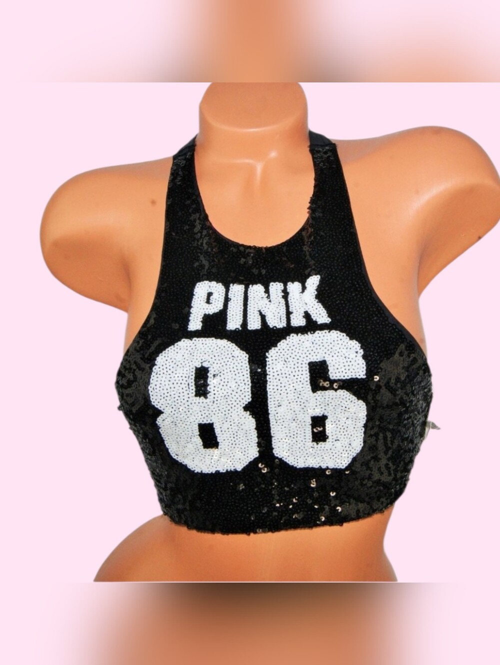 NWT MED Limited Edition VS PINK 86 halter sequin cropped bikini top. circa 2015